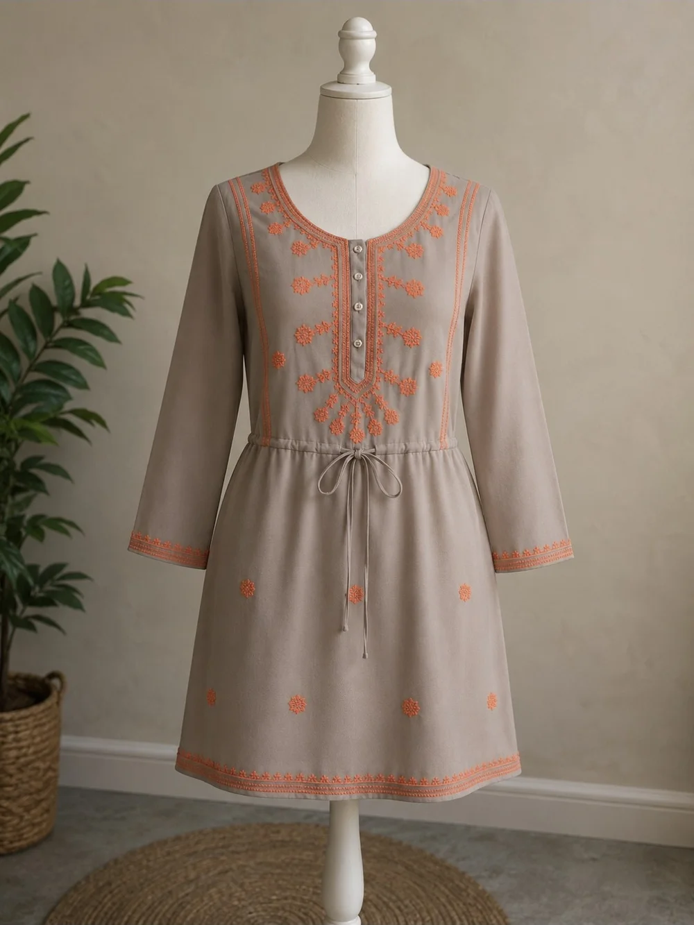 Esley Taupe Dress with Bright Embroidered Accents